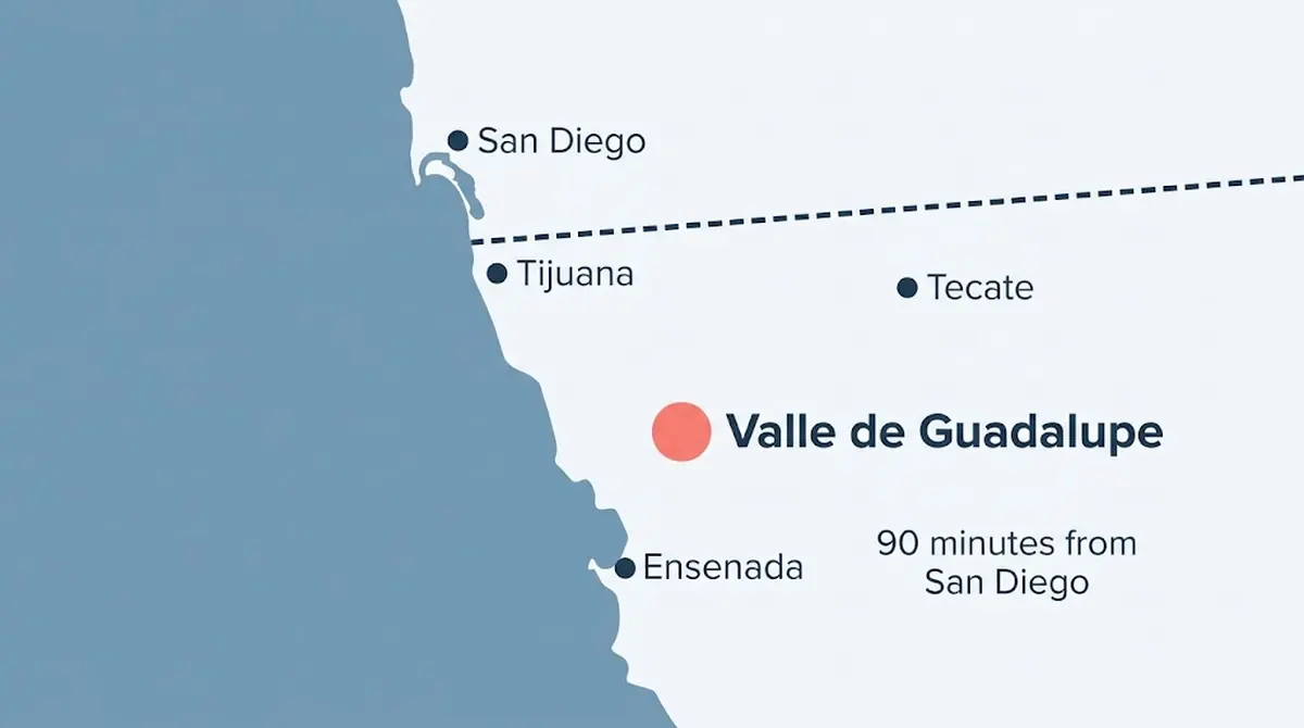 Mapa del norte de Baja California mostrando el Valle de Guadalupe entre Tecate y Ensenada, a 90 minutos de San Diego